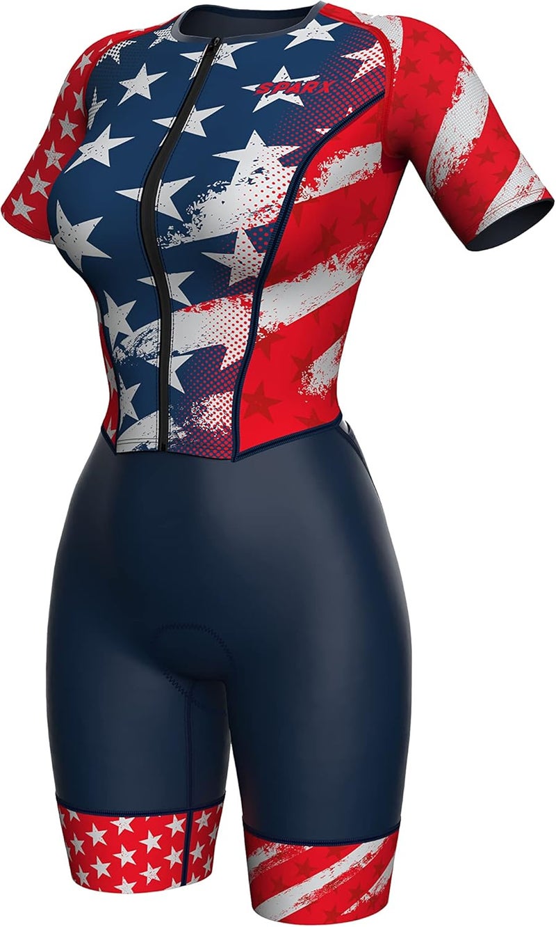 sparx Aero Triathlon Suit Women Short Sleeve Tri Suit Women Running Swimming Cycling Skinsuit (US Flag, Small) - Image 1
